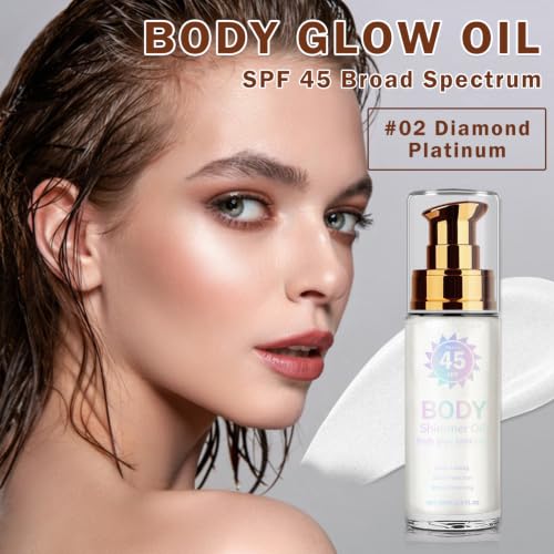 Body Glow Oil with SPF 45 - Shimmer Sunscreen for Radiant Skin, Diamond Platinum