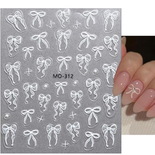 5D Bow Nail Art Stickers - 3 Sheets of Pink & White Self-Adhesive Decals