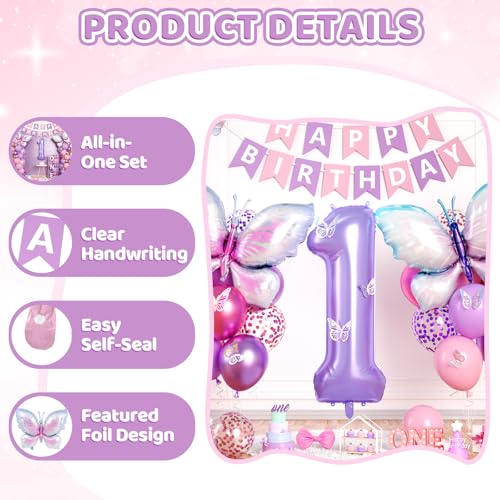 Butterfly 1st Birthday Decoration Set with Number 1 Balloon