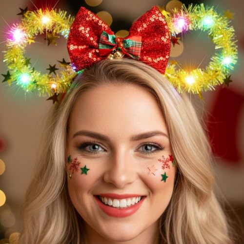 CASDRE Christmas Light Up Mouse Ear Headband with Bow & Bells - Red Gold Xmas Party Hair Accessory (C Red Gold)