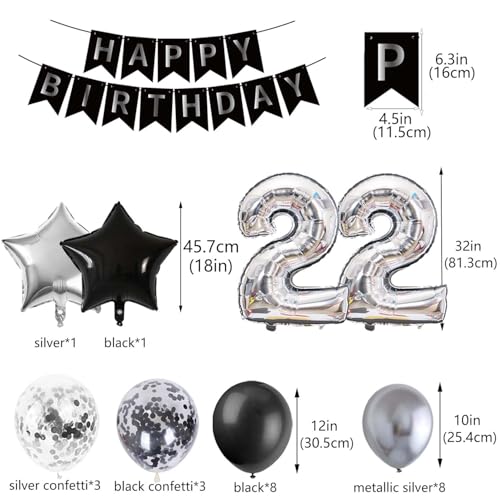 22nd Birthday Decoration Set for Men - Black & Silver Balloons