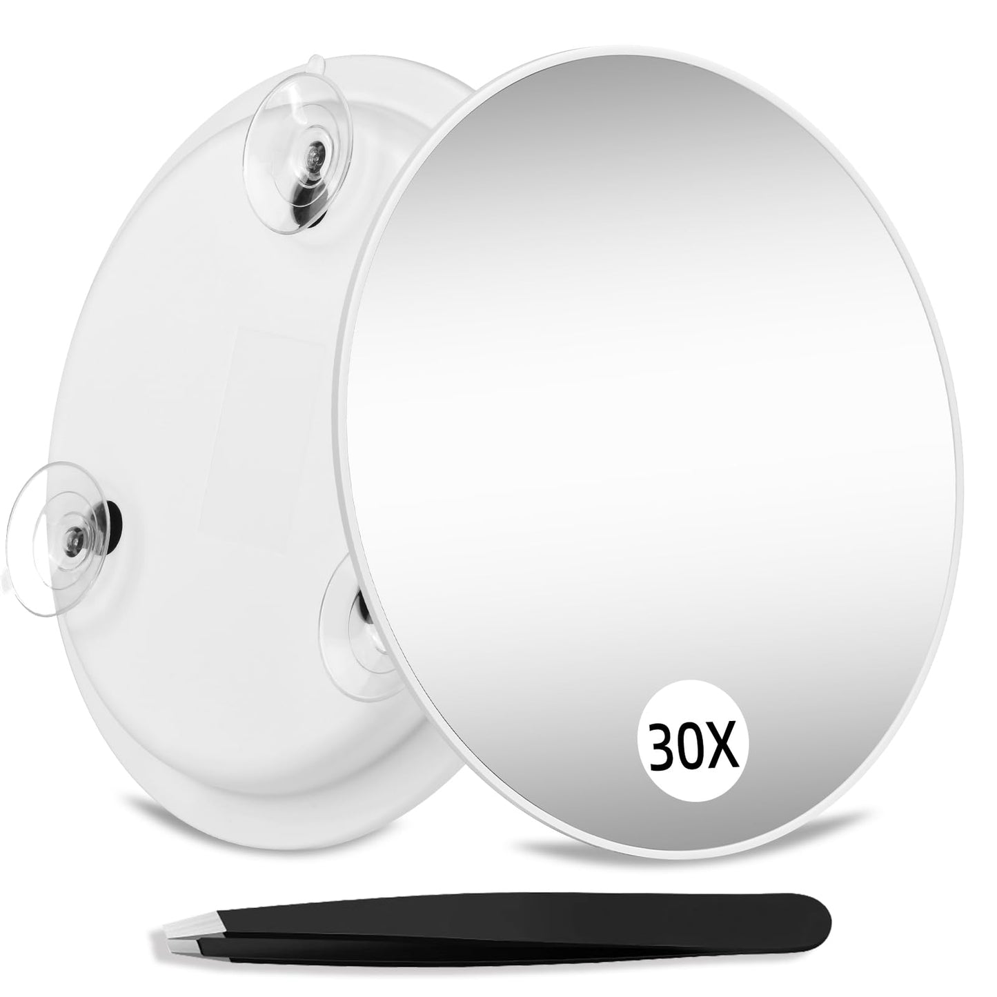 Suupvaor Magnifying Mirror 30X with Suction Cups, Large 6inch Travel 30X Magnified Round Makeup Mirror with High Magnification, Make up Mirror with Tweezers Sets