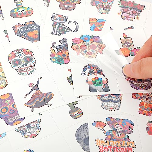 96pcs Day of the Dead Skeleton Face Tattoos - Colorful Sugar Skull Stickers for Halloween & Mexican Fiesta