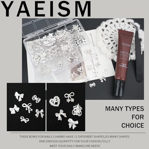 YAEISM Silver Bow Nail Charms Kit 92PCS for Manicure & DIY Nail Art