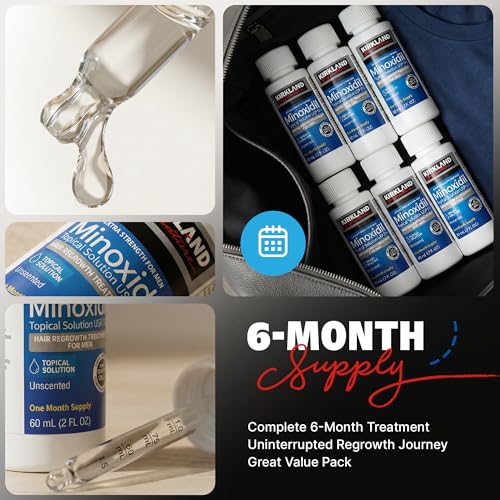 Kirkland Minoxidil for Men Liquid, Extra Strength Hair Regrowth Treatment 5%, 6 Months Supply - Upgraded Dropper Applicator and Bonus Free Guide Included