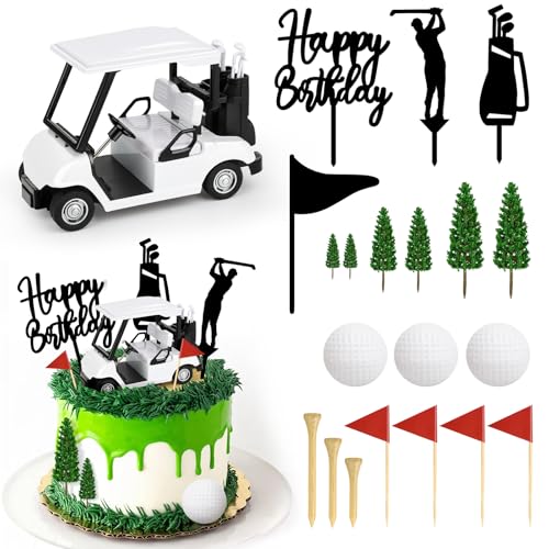 21 Golf Cake Decorations Set - Mini Cart, Balls, Flags & Trees