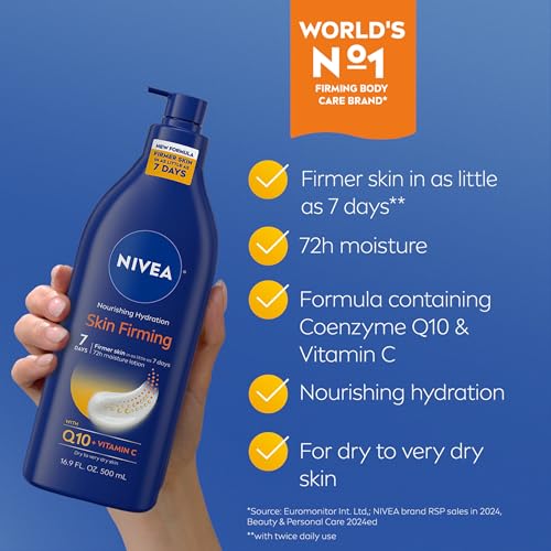 NIVEA Nourishing Hydration Skin Firming Body Lotion, 16.9 FL OZ - Q10 & Vitamin C for 72-Hour Moisture