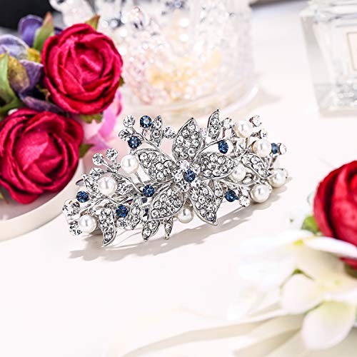Ever Faith Blue Austrian Crystal Bridal Hair Clip Barrette with Simulated Pearls