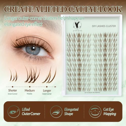 ACTROL Brown Cat Eye Lash Clusters C Curl 7-12mm Pre-Mapped Wispy Faux Mink