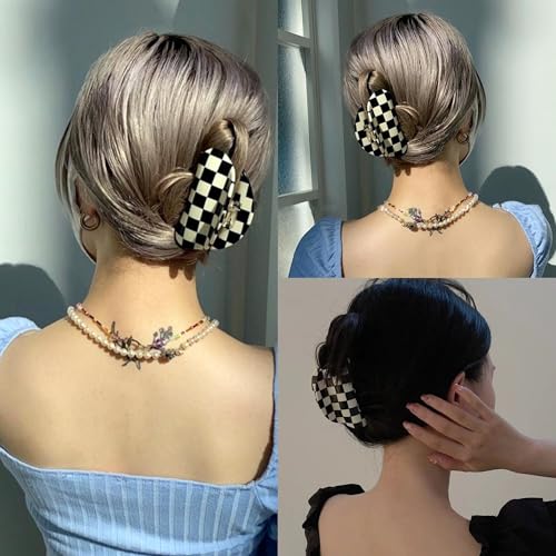 SINIDE Checkered Hair Claw Clips 4 Pack - Multicolor Acrylic Semicircle Barrettes for Women (Pattern C)