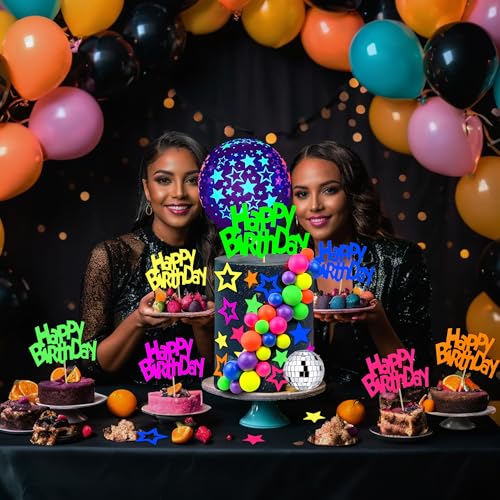56 PCS Neon Glow Cake Topper Set - Happy Birthday & Star Toppers