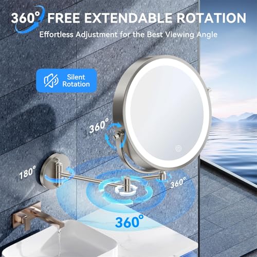 5000mAh Rechargeable Wall Mounted Lighted Makeup Mirror, 9'' 30X/1X Double-Sided Magnifying Mirror with Light, Bathroom Mirror Touch Dimmable 3 Colors 360¡Æ Rotation Extended Arm, Power Adapter