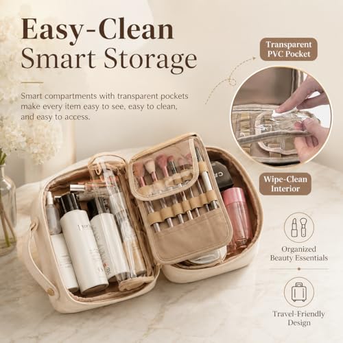 Checkered Travel Makeup Bag - Large Cosmetic Organizer with Brush Holder