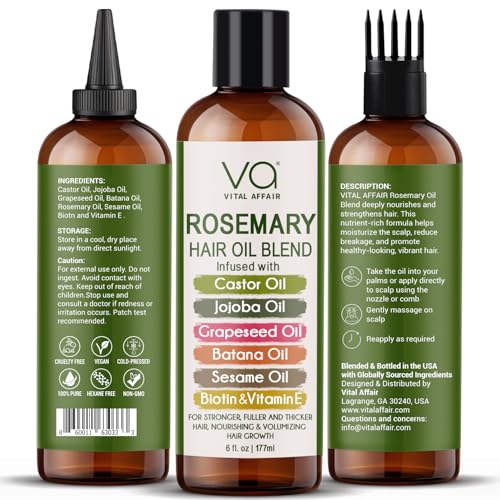 Blend Of Pure Rosemary Oil For Hair Growth With Castor, Batana, Jojoba Oil-Infused With Biotin & Vitamin E-Blend of Effective Hair Oils for Hair Growth-Strengthening Treatment-By Vital Affair-6 Fl Oz