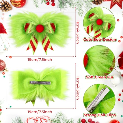 NFAMRZCAR 2-Pack Green Furry Christmas Hair Bow Clips for Women Girls