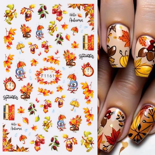 Qdsuh Style3 Fall Maple Leaf Nail Stickers 6 Sheets Autumn Thanksgiving Decor