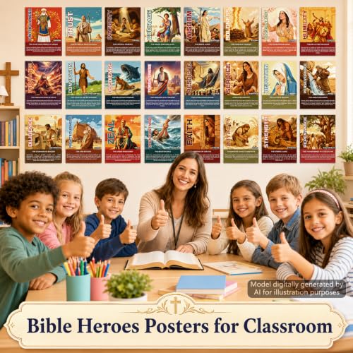 Inspirational Bible Heroes Posters Set - 24 Colorful Wall Art for Classrooms & Churches