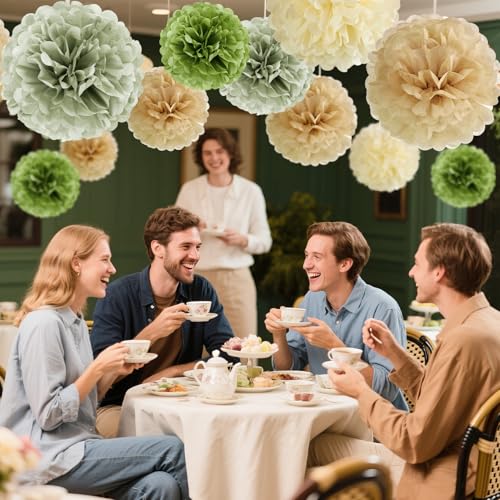 Sage Green Tissue Paper Pom Poms - 15 PCS for Baby Showers & Weddings