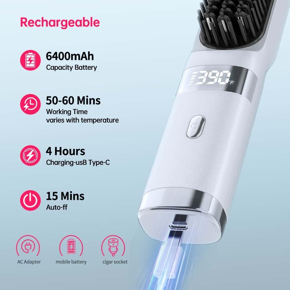 Cordless Hair Straightener Brush - Portable Travel Comb with USB Charging | Fast Heating, LCD Display (White-Silvery)