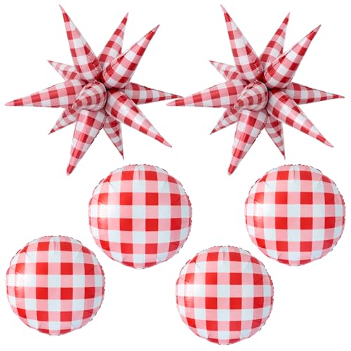 Red White Gingham Star Burst Balloons - 18 Inch Checker Pack for Parties