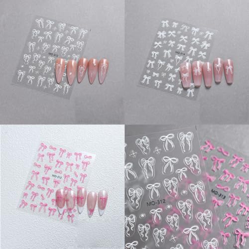 5D Bow Nail Art Stickers - 3 Sheets of Pink & White Self-Adhesive Decals