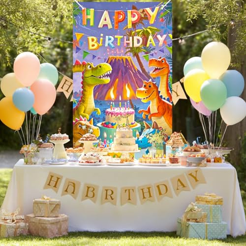 Dinosaur Birthday Door Cover - Jungle Party Decor 35x71 Inch