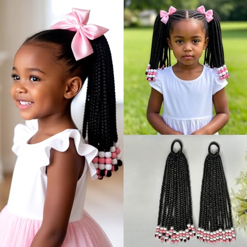 YOROSTAR Kids Ponytail Box Braids with Beads - 10 Inch Pink Beads, 2 Pieces