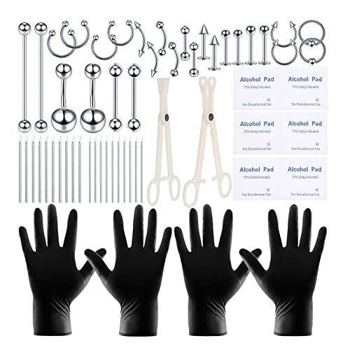 Silver 58PCS Body Piercing Kit Surgical Steel 14G 16G Jewelry & Tools
