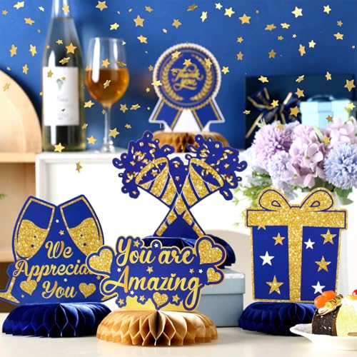 12 Pcs Thank You Honeycomb Centerpieces - Blue & Gold Table Decorations