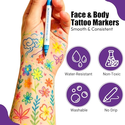 Joyeee Temporary Tattoo Marker Set, 10 Metallic Pens & 139 Stencils