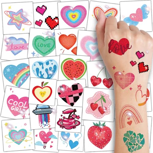 CHARLENT Glitter Heart Temporary Tattoos for Girls & Women - Set of 74 Styles