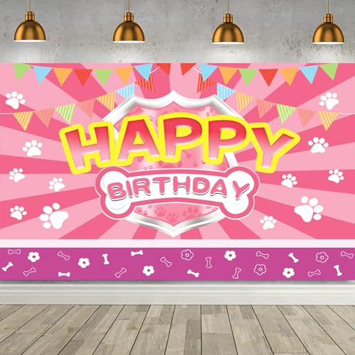 Happy Birthday Banner with Pink Paw Prints - 59x43 Inches