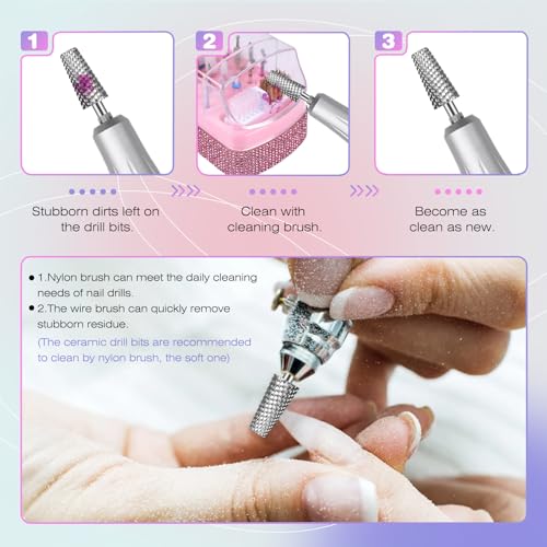 Pink 2-in-1 Nail Drill Bits Holder Case with Rhinestones and Cleaning Brush