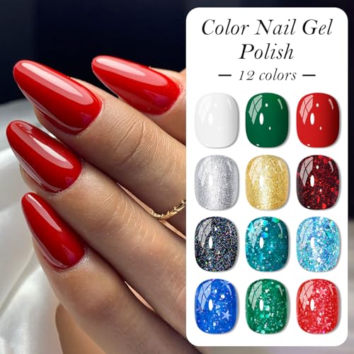 MEET ACROSS 12PCS Gel Nail Polish Set - Red Green / 3 Fl Oz Long-Lasting UV & LED Nail Art Kit