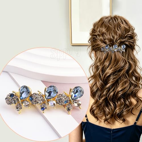 Elegant Blue Crystal Butterfly Hair Barrette for Thick Hair