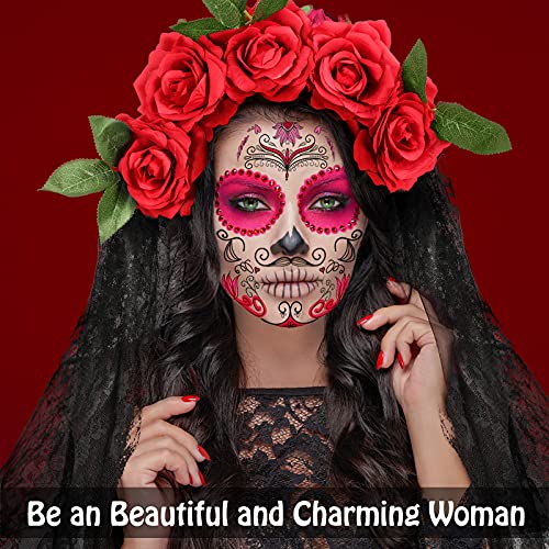 Day of the Dead Rose Flower Crown Headband with Long Veil for Halloween