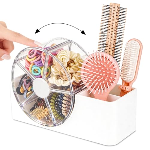 Rotating Hair Accessories Organizer with Hair Brush Holder - White