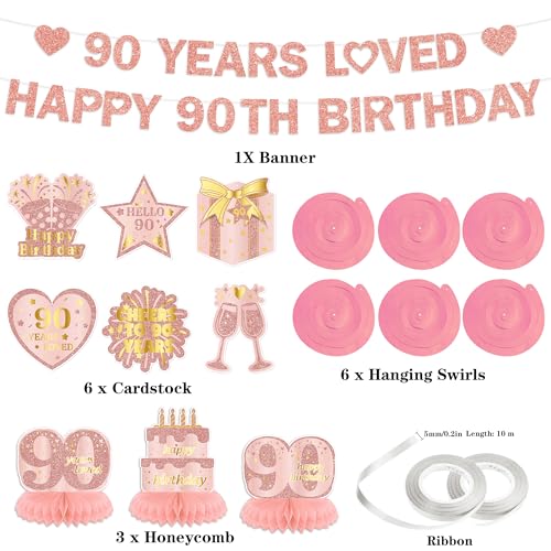 Rose Gold 90th Birthday Decorations Set for Women - 9 Pieces