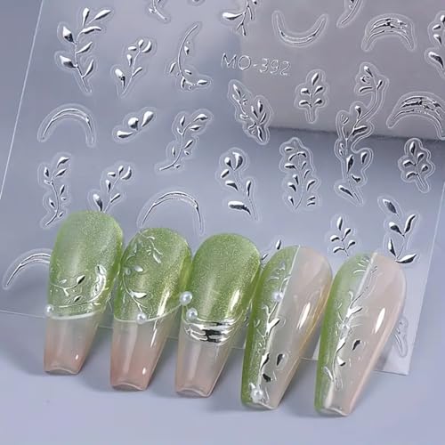 FRUZJAY Gold Silver Leaf Nail Art Stickers 2 Sheets 5D Embossed Leaves for Manicure