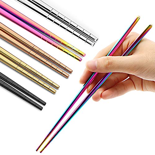 MUYOS Stainless Steel Chopsticks - 5 Pairs, 9.06" Lightweight, Non-Slip Tips