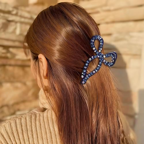AWAYTR Navy Rhinestone Bow Claw Clip for Thick Hair, 4.3"