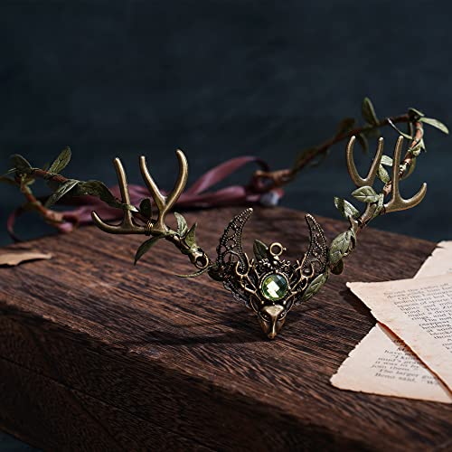 MOSTORY Green Handmade Fairy Antler Crown Elf Headpiece Woodland Leaf Tiara for Renaissance Festival Cosplay