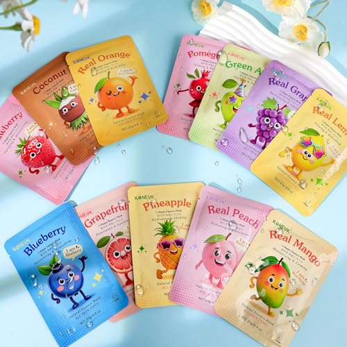 KONEUK 24 Pack Fruit Cartoon Face Mask Set, Collagen Hydrating Skincare