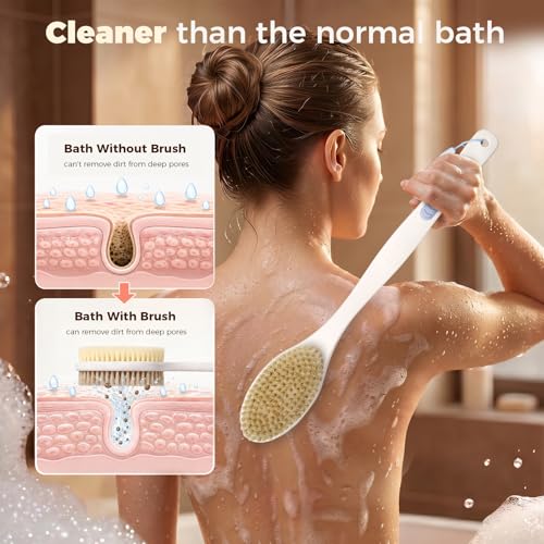 Back Scrubber for Shower with Long Handle, Exfoliating Bath Brush for Body - Double Sided Bristles (Stiff & Soft), Anti-Slip Grip, Lightweight - Gift for Seniors, Includes Lanyard & Hook, Blue