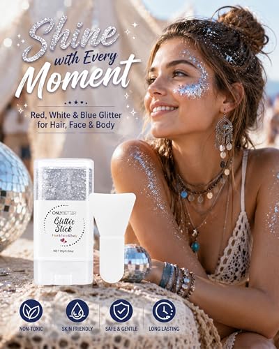 ONLYBETTER Silver White Glitter Stick for Body Face Hair Makeup - Multi-Use Holographic Glitter
