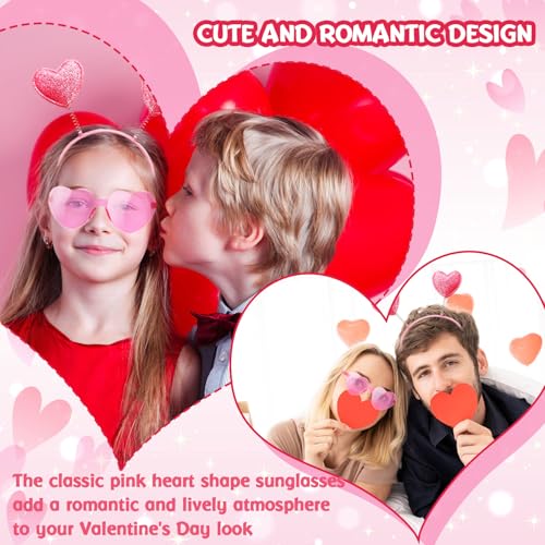 24 Pcs Valentine's Heart Headbands & Sunglasses Set - Pink Glitter
