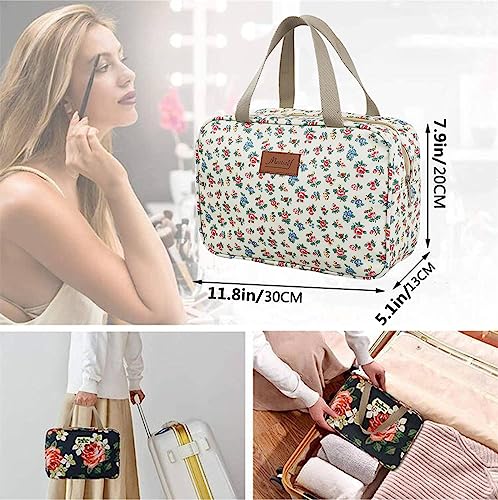 Little Flower Beige Makeup & Toiletry Bag for Women - Travel Cosmetic Organizer