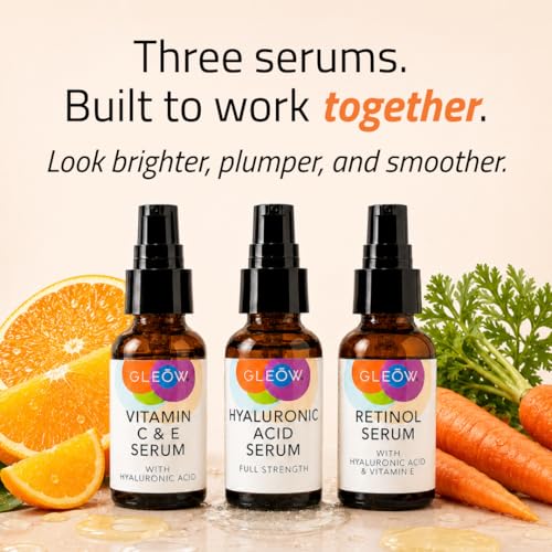 GLEOW Skincare Set with Retinol, Vitamin C & Hyaluronic Acid Serum - Combo Pack 1oz