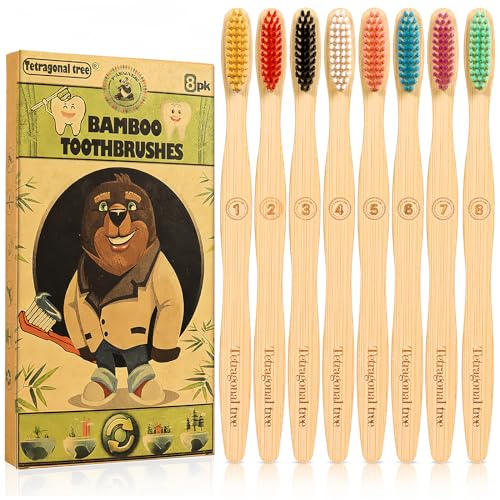 Biodegradable Bamboo Toothbrushes - 8 Pack Extra Soft for Sensitive Teeth