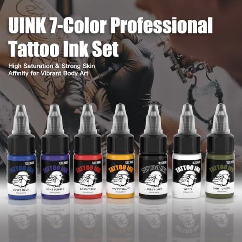 UINK 7 Colors Tattoo Ink Set - 0.65oz/20ml Long Lasting Body Art